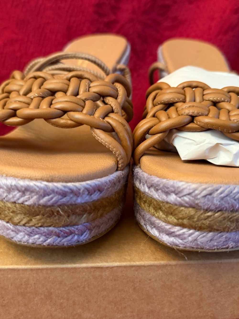 NIB Anthropologie Raffia Platform Heeled Wedge Sandals Brown and Lavender Sz 8 - Picture 4 of 9